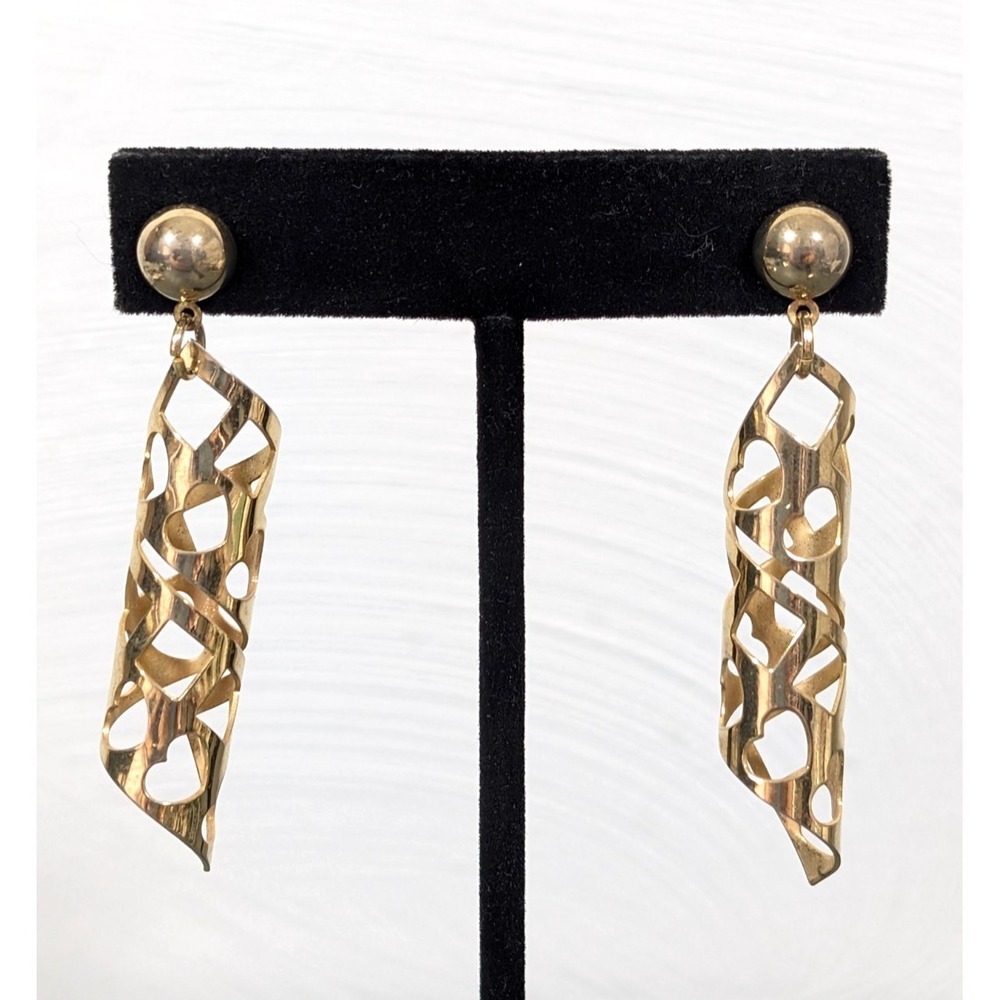 Vintage Gold Tone Open Metal‎ Work Heart Spiral Dangle Earrings Pierced